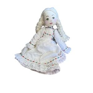 Handmade Cloth Angel Doll White Eyelet Lace Dress Yarn Braids Silver Wings 16"